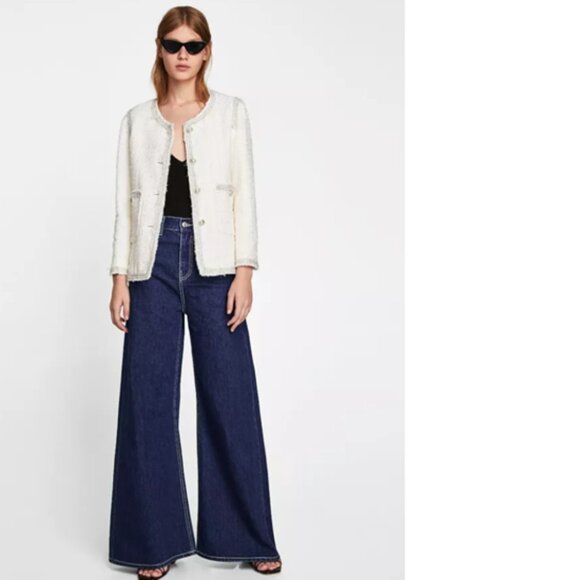 Zara Ivory Tweed Blazer Pearl Buttons and Silver Threads Edging, NWT, S - Picture 4 of 15